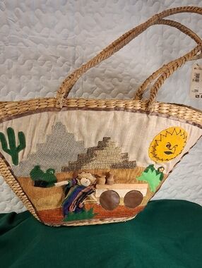 Vintage Natural Straw Tote with Green Accents and 3 D Southwestern Appliqué